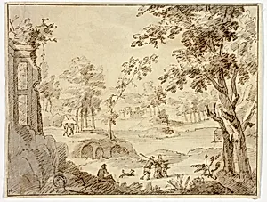 Figures in Landscape with Ruins and Castle