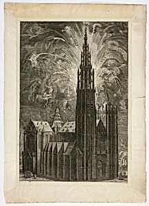 Firework around the Antwerp Cathedral, plate 41 from Casperius Gevartius, Pompa Introitus Honori Serenissimi Principis Ferdinandi