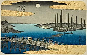 Fishing Boats near Eitai Bridge in Tsukuda Bay (Eitaibashi Tsukuda oki isaribune), from the series "Famous Places in Edo (Edo meisho no uchi)" by Utagawa Hiroshige