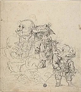Five Caricatures of Men (recto); Sketch of Male Figure and Bird (verso)
