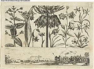 Flowers and Battle Scene, from Livre Nouveau de Fleurs... by Nicolas Cochin