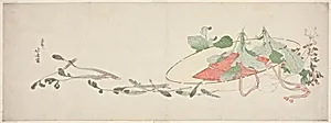 Flowers and spring greens in a hat by Katsushika Hokusai