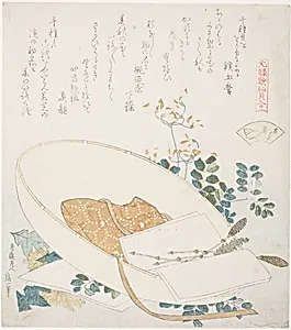 Freshly-Picked Flowers in a Traveler’s Hat, illustration for "The Thousand-grasses Shell," from the series A Matching Game with Genroku-period Poem Shells (Genroku kasen kai awase)" by Katsushika Hokusai