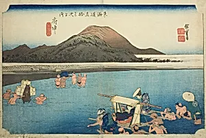 Fuchu: The Abe River (Fuchu, Abekawa), from the series "Fifty-three Stations of the Tokaido Road (Tokaido gojusan tsugi no uchi)," also known as the Hoeido Tokaido by Utagawa Hiroshige