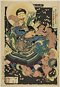 Gamo Sadahide's Servant, Toki Motosada, Hurling a Demon King to the Ground at Mount Inahana, from the series "New Forms of Thirty-Six Ghosts (Shinkei sanjuroku kaisen)"
