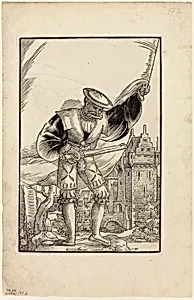 German Soldier Standing with Flag (recto) and German Soldier Marching with Flag (verso) from Wappen des heiligen römischen Reichs Teutscher Nation, plate 47 from Woodcuts from Books of the XVI Century
