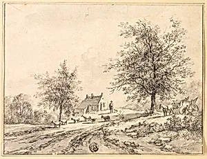 Goatherd, Goats on Road near Carriage and House