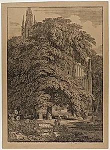 Gothic Church Behind an Oak Grove with Tombs