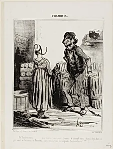 “Ha! Dammmmmnit wife... how much funnn we had when we were eighteen.... no men no women..... just us people from Auvergne,” plate 5 from Vulgarités by Honoré-Victorin Daumier