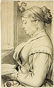 Half-Length Portrait of Woman (in profile to left) Reading by Opera Window by Unknown