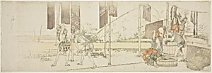 Hanging up dyed cloth by Katsushika Hokusai