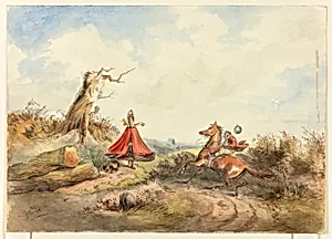 Horse with Rider Shying Away From Woman with Dog