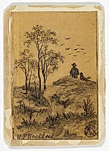Hunter and Dog on Hill Watching Birds