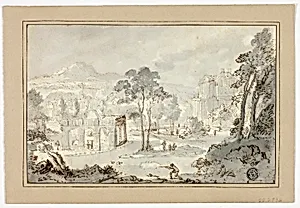 Hunter with Dog, Other Figures in Landscape with Villa, Canal, Pyramid