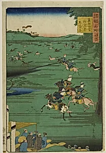 Image of the Horse Chase at the Myoken Festival, Soma, Oshu Province (Oshu Soma Myoken matsuri umao no zu) from the series “One Hundred Famous Views in the Various Provinces (Shokoku meisho hyakkei)” by Utagawa Hiroshige II (Shigenobu)