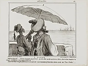 In Tangiers. “- Sublime Majesty... the Spanish are coming... in order to frighten them off I took the liberty to fully open your umbrella as a sign of your greatness! - Leave me alone with my umbrella, Belboul.... I would rather like to have an umbrella protecting me from their bullets,” plate 115 from Actualités by Honoré-Victorin Daumier