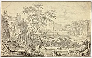 Italianate Landscape with Shepherd and Flock by Stream, Town in the Distance