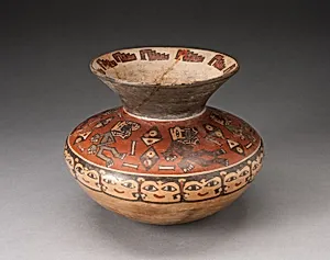 Jar with Narrow Neck and Flared Rim Depicing Figures with Diamond-Shaped Shields by Nasca