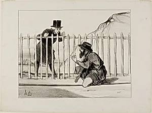 “- Just look at that! the train that's about to pass is lucky to have a narrow escape.... the whole affair would have blown up if I hadn't noticed in time... - What is it then, what is it? - Why, it's obvious, a needle has been placed right on the rail... luckily I saw it in just in time!,” plate 1 from Les Chemins De Fer by Honoré-Victorin Daumier
