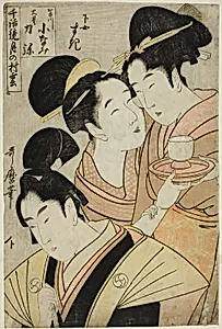 Kakogawa Konami, Oboshi Rikiya and the Maidservant Suki, (Kakogawa Konami, Oboshi Rikiya, gejo Suki) from the series "Models of Love Talk: Clouds Form Over the Moon (Chiwa kagami tsuki no murakumo) " by Kitagawa Utamaro
