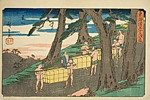 Kameyama, from the series "Fifty-three Stations of the Tokaido (Tokaido gojusan tsugi no uchi)," also known as the Gyosho Tokaido by Utagawa Hiroshige