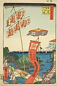 Kanasugi Bridge at Shibaura (Kanasugibashi Shibaura), from the series "One Hundred Famous Views of Edo (Meisho Edo hyakkei)" by Utagawa Hiroshige