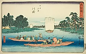 Kawasaki: The Rokugo Ferry (Kawasaki, Rokugo no watashi)—No. 3, from the series "Fifty-three Stations of the Tokaido (Tokaido gojusan tsugi)," also known as the Reisho Tokaido by Utagawa Hiroshige