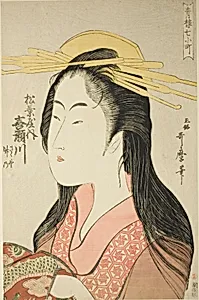 Kisegawa of the Matsubaya, [whose attendants are] Sasano, Takeno (Matsubaya uchi Kisegawa, Sasano, Takeno), from the series “Seven Komachi of Yoshiwara” ("Seiro nana Komachi") by Kitagawa Utamaro
