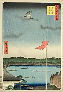 Komagata Hall and Azuma Bridge (Komagatado Azumabashi), from the series "One Hundred Famous Views of Edo (Meisho Edo hyakkei)" by Utagawa Hiroshige