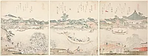 Komagata Hall and O-umaya River Bank, from the series "A Selection of Horses (Uma zukushi)" by Katsushika Hokusai