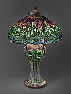 Lamp with “Hanging Head Dragonfly” Shade and “Mosaic and Turtleback” Base by Clara Driscoll