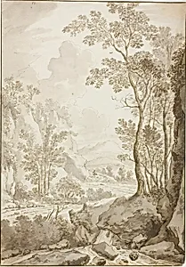 Landscape of Road through Trees and Hills; Figure on Donkey in Distance