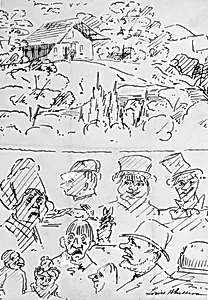 Landscape with Building (top) and Caricature Head Studies (bottom)