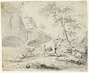 Landscape with Herdsman and Sheep, Goat, Cattle