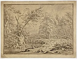 Landscape with Shepherds by River and Man on Horseback
