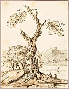 Large Tree with Lake and Mountains in Background