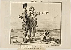 “- Listen... I saw a hare over there... - Was that a long time ago? - Not at all... it was less than three months ago...,” plate 2 from Croquis De Chasse by Honoré-Victorin Daumier