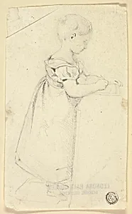 Little Girl Standing at Desk and Writing