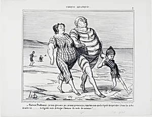 “- Madame Prudhomme, let's not hurry, let's recall that dignity should preside over all acts of life... dignity alone distinguishes man from the rest of the animals,” plate 2 from Croquis Aquatiques by Honoré-Victorin Daumier