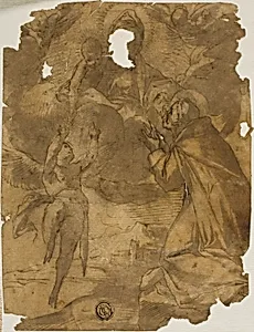 Madonna and Child Appearing to Male Saint and Angel