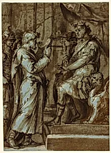 Magician Making a Prediction to an Emperor (recto); Male Nude Carrying a Load (verso)