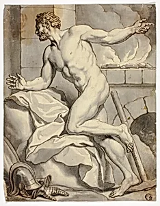 Male Nude Kneeling beside a Furnace (Vulcan?), with Helmet and Metal Gloves on Floor