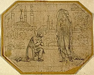 Man Kneeling Before Veiled Woman with Mosque in Background