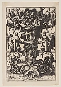 Man Sitting on an Auricular Mask, from Veelderleij niewe inventien van antijcksche sepultueren