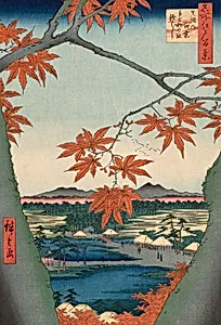 Maple Trees at Mama, Tekona Shrine and Tsugi Bridge (Mama no momiji, Tekona no yashiro, Tsugihashi), from the series "One Hundred Famous Views of Edo (Meisho Edo hyakkei)" by Utagawa Hiroshige