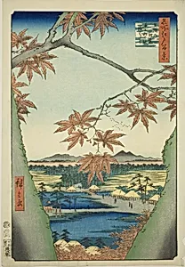 Maple Trees at Mama, Tekona Shrine and Tsugi Bridge (Mama no momiji, Tekona no yashiro, Tsugihashi), from the series "One Hundred Famous Views of Edo (Meisho Edo hyakkei)" by Utagawa Hiroshige