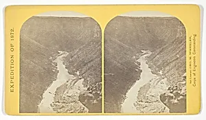 Marble Cañon, one of the gorges of the Colorado here, 1.200 feet deep. The steep cliff is gray limestone and the slope below a brilliant red sandstone, No. 13 from the series "Geographical Explorations and Surveys West of the 100th Meridian"