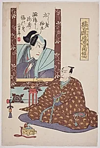 Memorial portrait: Ichikawa Ebizo V (Danjuro VII) looking up at a painting of the late Danjuro VIII