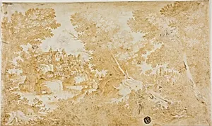 Men and Women Resting in Wooded Landscape with River, Villas, Church