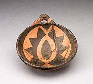 Miniature Bowl with Large Geometric Motif and Bird-Head Handle by Inca